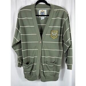 Vintage Cote Fleurie Striped‎ Cardigan Olive Green Crest Patch Pockets L Preppy